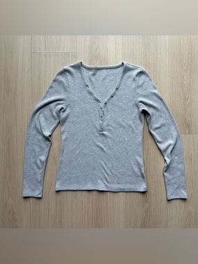 American Eagle Waffle Henley T-Shirt Women’s L Light Gray Long Sleeve